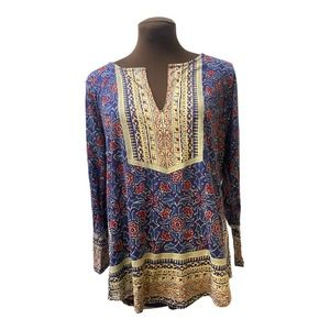 Lucky Brand Women’s Blouse Boho Woodblock Long sleeve Shirt Top Size Lar…